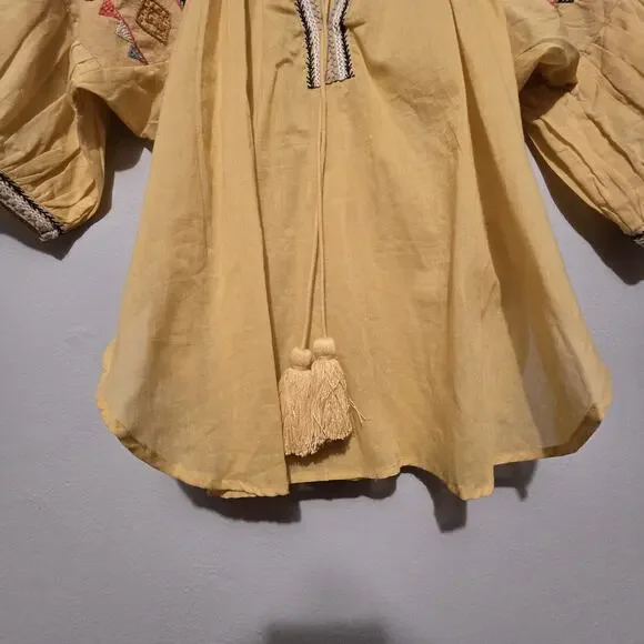 ALAMWAR Anthropologie Peasant Top Womens SM Gold Embroidery Tassel Boho Festival - Picture 5 of 13